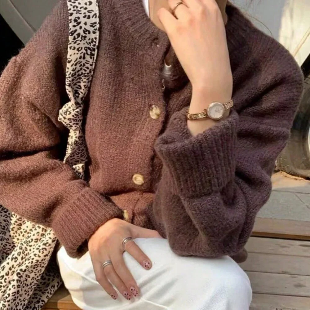 Brown Casual Women's Slouchy Loose Knitted Sweater Cardigan